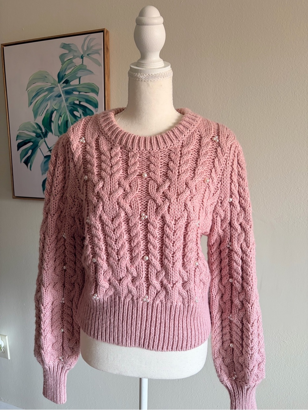 House of Harlow 1960 Pink Cable Knit Sweater with Pearls